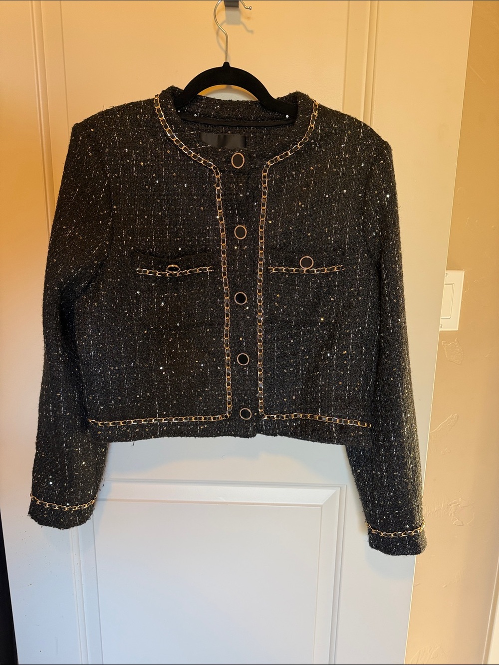 Endless Rose Black Tweed Chain Detail Cropped Jacket